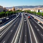**

Smart city traffic management in Madrid. Real-time vehicle flow analysis with adjusted traffic lights to prevent congestion. Show the M-30 highway with smooth traffic flow.

**