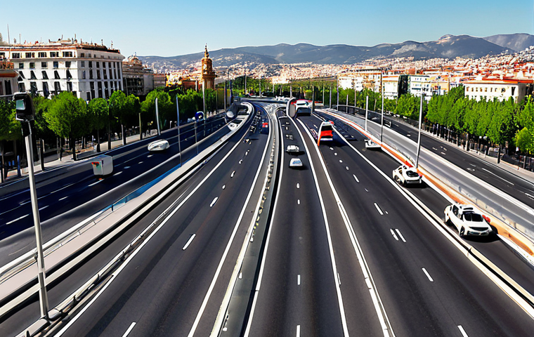 **
Smart city traffic management in Madrid. Real-time vehicle flow analysis with adjusted traffic lights to prevent congestion. Show the M-30 highway with smooth traffic flow.
**