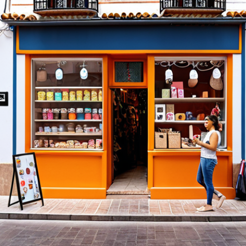 Home 8 **Image Prompt:** A vibrant street scene in a Spanish neighborhood showcasing a blend of traditional shops and modern technology. Focus on a small artisanal shop with an online order pickup window and social media promotions displayed, emphasizing the revitalization of local commerce through digital integration. Include happy customers interacting with both the physical and digital aspects of the shop.