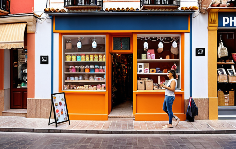 **Image Prompt:** A vibrant street scene in a Spanish neighborhood showcasing a blend of traditional shops and modern technology. Focus on a small artisanal shop with an online order pickup window and social media promotions displayed, emphasizing the revitalization of local commerce through digital integration. Include happy customers interacting with both the physical and digital aspects of the shop.