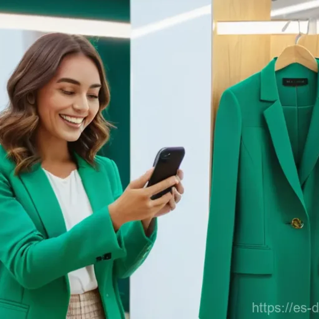 물리적 공간에서의 증강 현실 마케팅 전략 - **Virtual Fashion Try-On Experience**
A smiling young woman, mid-20s, with shoulder-length wavy ...