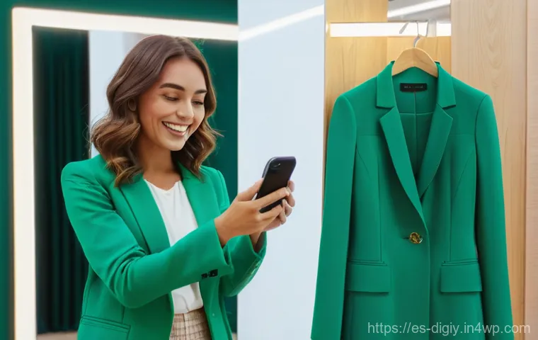 물리적 공간에서의 증강 현실 마케팅 전략 - **Virtual Fashion Try-On Experience**
A smiling young woman, mid-20s, with shoulder-length wavy ...