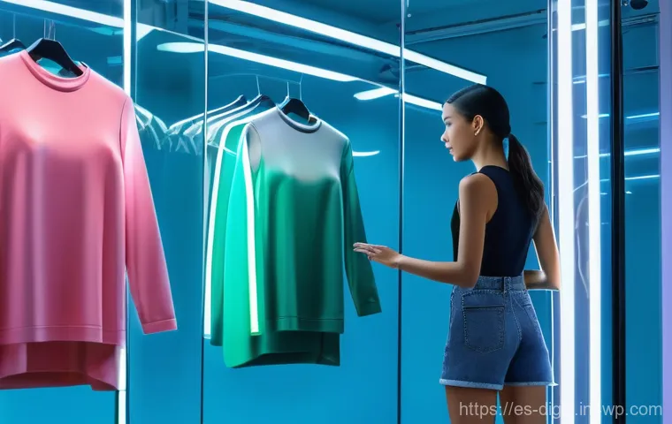 디지털 물리적 공간 통합의 글로벌 사례 분석 - Phygital Fashion Experience: Interactive Dressing Room**
"A stylish young woman, wearing a modest, ...