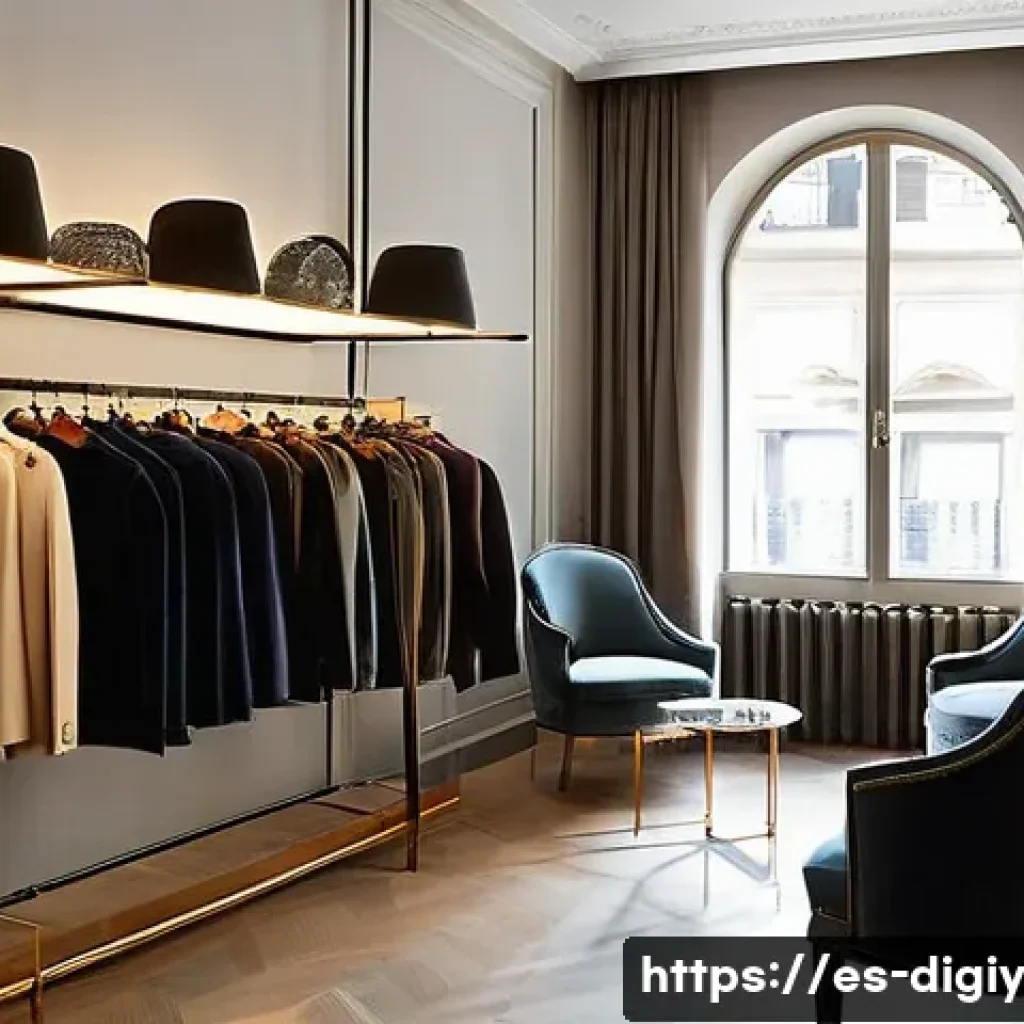 물리적 공간에서의 사용자 경험 디자인 - **A high-end clothing boutique in the Barrio de Salamanca, Madrid, exuding warmth and sophistication...