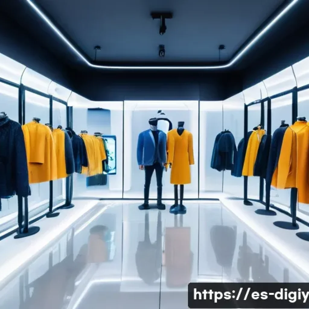물리적 공간과 디지털 기술의 융합을 통한 시너지 효과 - A modern retail store in Madrid featuring an augmented reality virtual fitting room, where diverse c...
