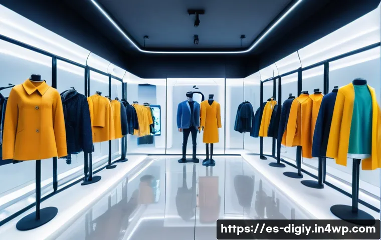 물리적 공간과 디지털 기술의 융합을 통한 시너지 효과 - A modern retail store in Madrid featuring an augmented reality virtual fitting room, where diverse c...