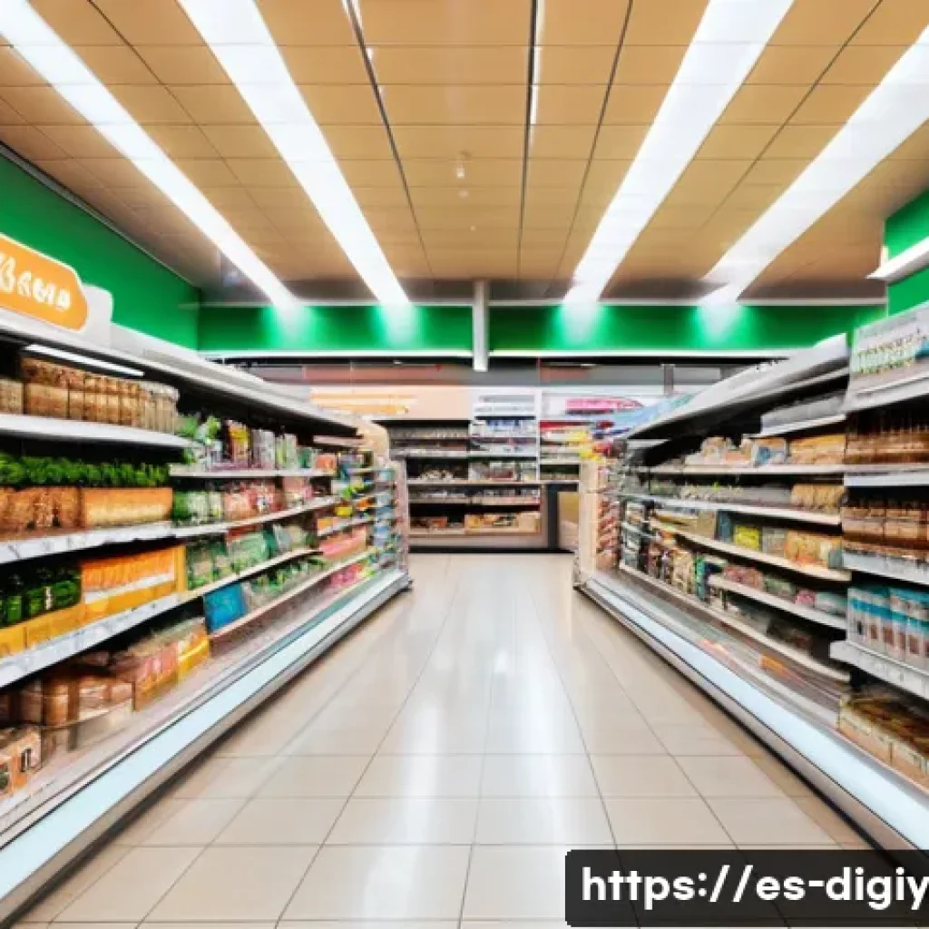 물리적 공간에서의 데이터 기반 의사결정 - A modern supermarket interior showing a well-organized layout designed using data analytics, with cl...
