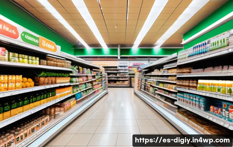 물리적 공간에서의 데이터 기반 의사결정 - A modern supermarket interior showing a well-organized layout designed using data analytics, with cl...