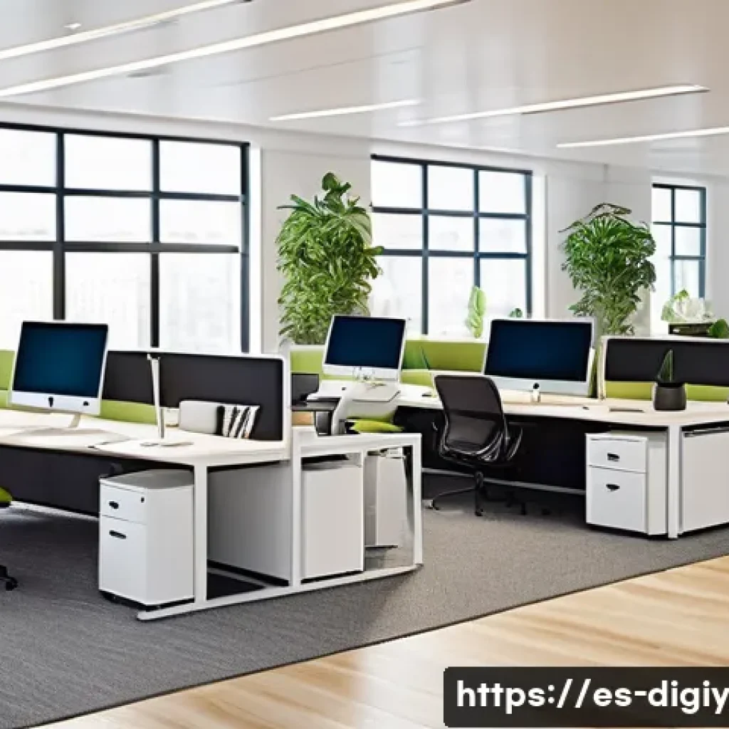 물리적 공간의 통합 관리를 위한 가이드 - A modern office interior showcasing a flexible workspace design with modular furniture, adjustable d...