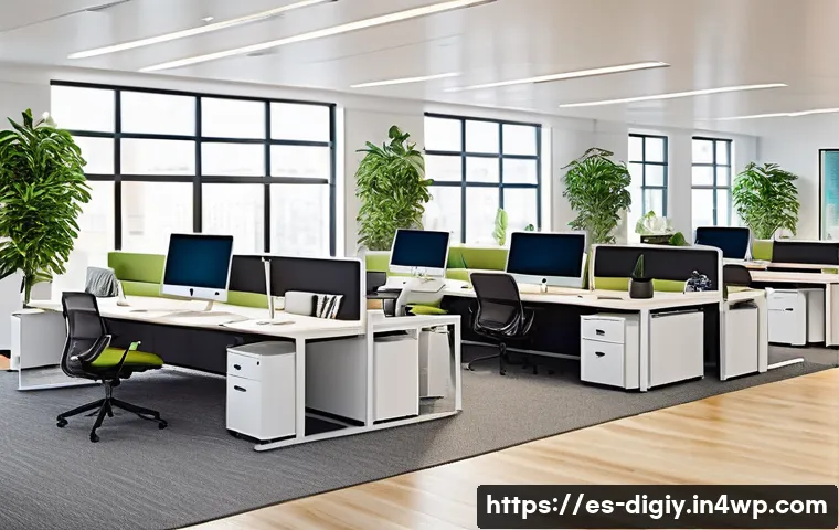 물리적 공간의 통합 관리를 위한 가이드 - A modern office interior showcasing a flexible workspace design with modular furniture, adjustable d...
