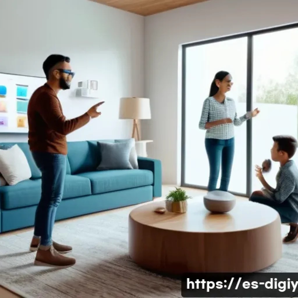 물리적 공간의 가상화 기술의 발전 - A modern smart home interior featuring a middle-aged Hispanic family interacting with a dynamic virt...