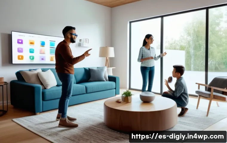 물리적 공간의 가상화 기술의 발전 - A modern smart home interior featuring a middle-aged Hispanic family interacting with a dynamic virt...