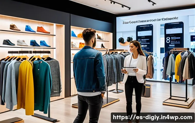 디지털 물리적 공간 통합의 시장 트렌드 - A modern smart retail store in Madrid featuring interactive digital screens displaying personalized ...