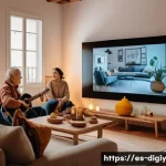 Home 21 디지털 물리적 공간 통합의 문화적 영향 - A vibrant family gathering scene blending physical and digital interaction: several family members s...
