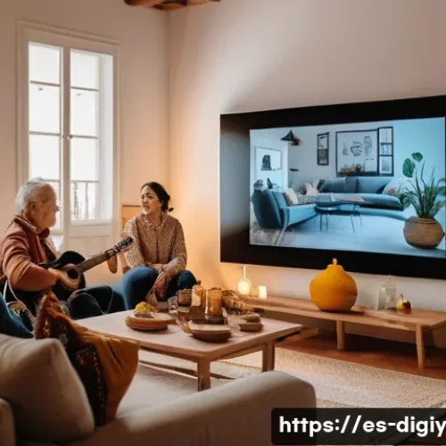 Home 33 디지털 물리적 공간 통합의 문화적 영향 - A vibrant family gathering scene blending physical and digital interaction: several family members s...