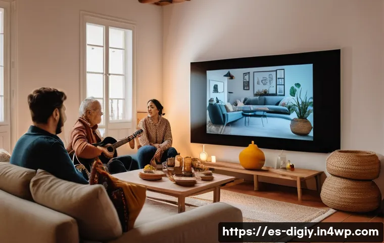 디지털 물리적 공간 통합의 문화적 영향 - A vibrant family gathering scene blending physical and digital interaction: several family members s...