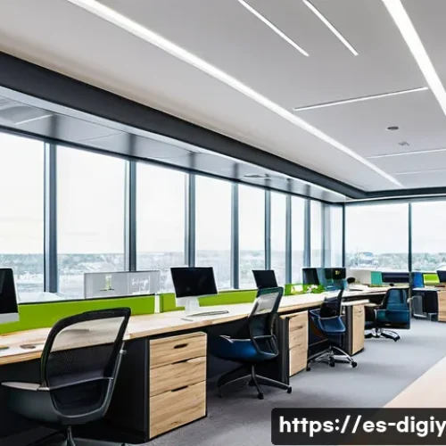 Home 32 물리적 공간의 혁신을 위한 디지털 도전 - A modern open-plan office interior featuring smart sensors integrated into the ceiling and walls, au...