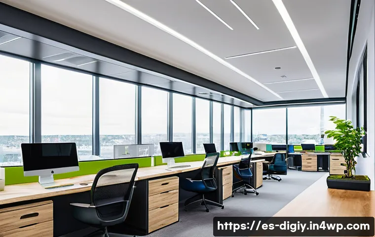물리적 공간의 혁신을 위한 디지털 도전 - A modern open-plan office interior featuring smart sensors integrated into the ceiling and walls, au...
