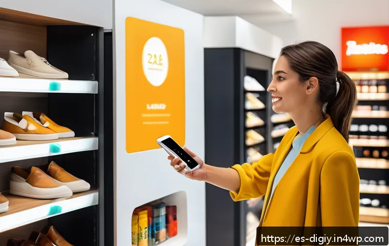 디지털 물리적 통합을 위한 UX UI 디자인 전략 - A modern retail store interior in Spain showcasing seamless omnichannel integration: a young adult w...