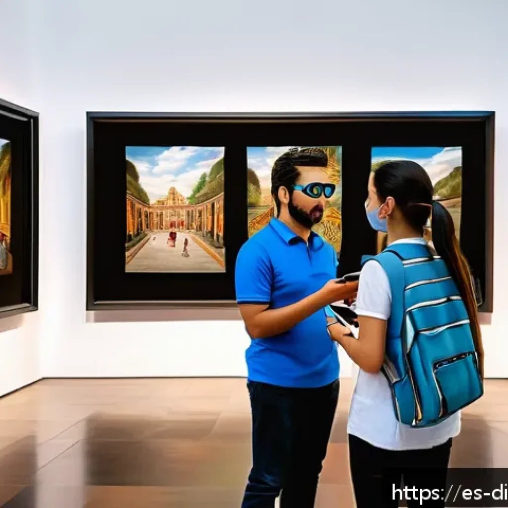 AR을 활용한 물리적 공간의 디지털화 - A vibrant museum interior in Mexico City with visitors of all ages using smartphones and AR glasses ...