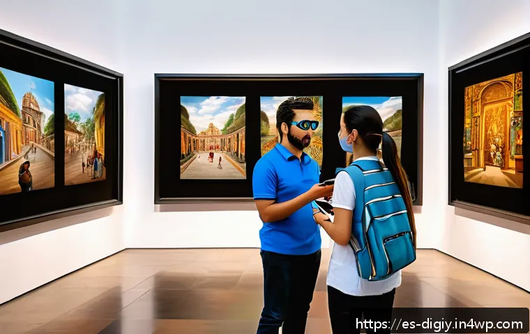 AR을 활용한 물리적 공간의 디지털화 - A vibrant museum interior in Mexico City with visitors of all ages using smartphones and AR glasses ...