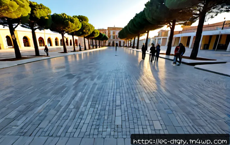 Home 17 디지털 물리적 공간 통합을 위한 실험적 접근 - Photorealistic wide-angle scene of an experimental smart public plaza in a Spanish coastal city, a d...