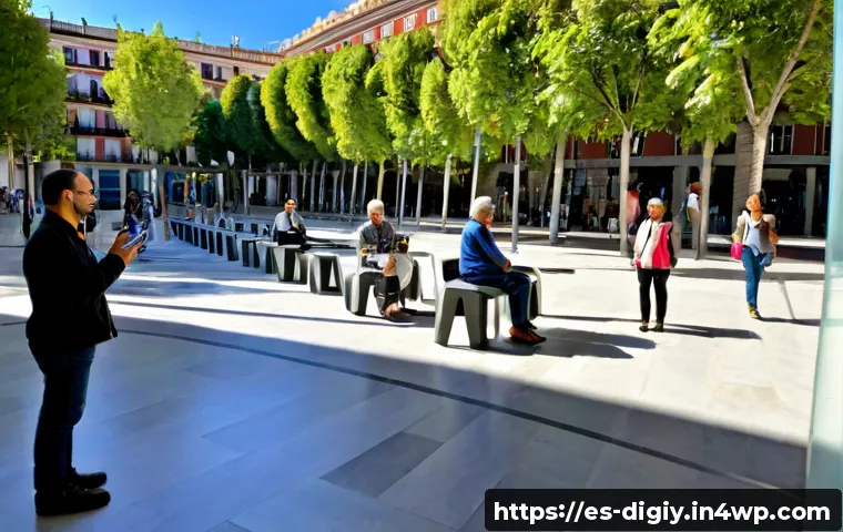 Home 17 디지털 물리적 공간 통합을 위한 미래 지향적 전략 - Photorealistic wide-angle view of a future-ready urban plaza in Madrid, where a modern glass civic h...
