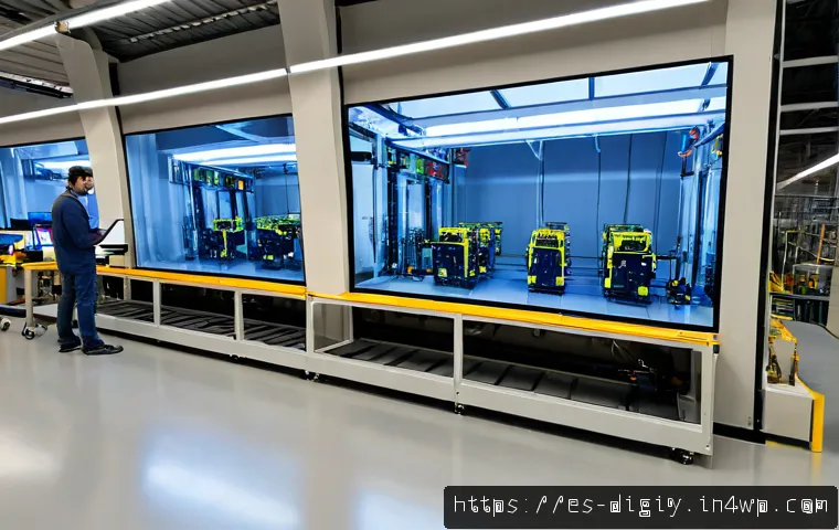 스마트 팩토리와 디지털 물리적 공간 통합 - Photorealistic smart factory in Spain, wide eye-level view of a clean modern production floor where ...